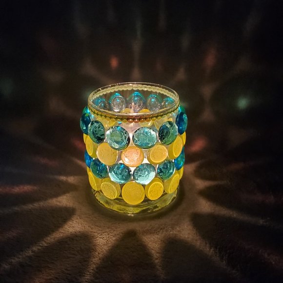 Round Glass Luminary Vase 4" Tall x 3" Wide Blue &Lime Green - Picture 1 of 3